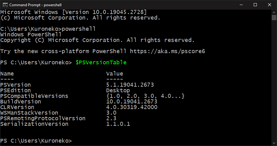 Shows the PowerShell version command example in the Command prompt window