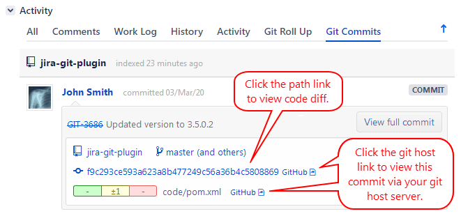 Jira issue Git commits tab showing web links