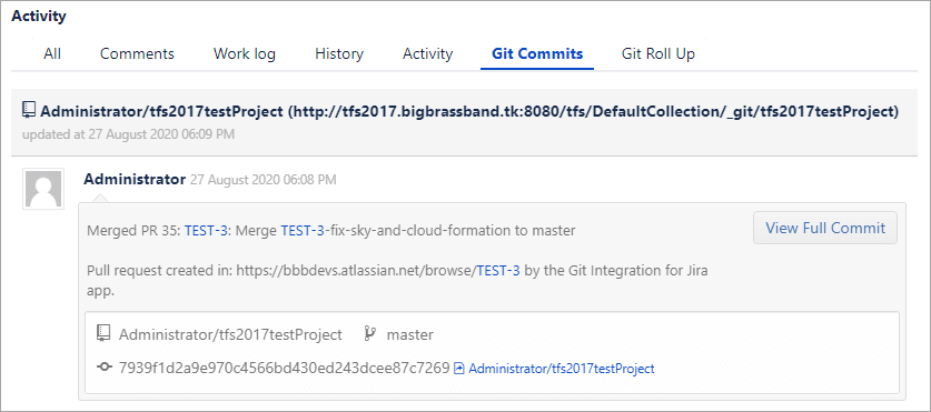 Jira Cloud Issue page showing Git Commits tab with merged commit information