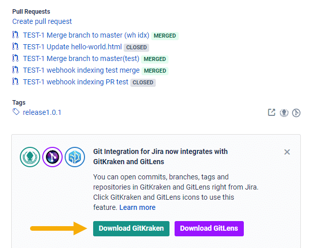 Use the deeplinking panel on the Jira issue Git development sidebar to download the GitKraken Git client app