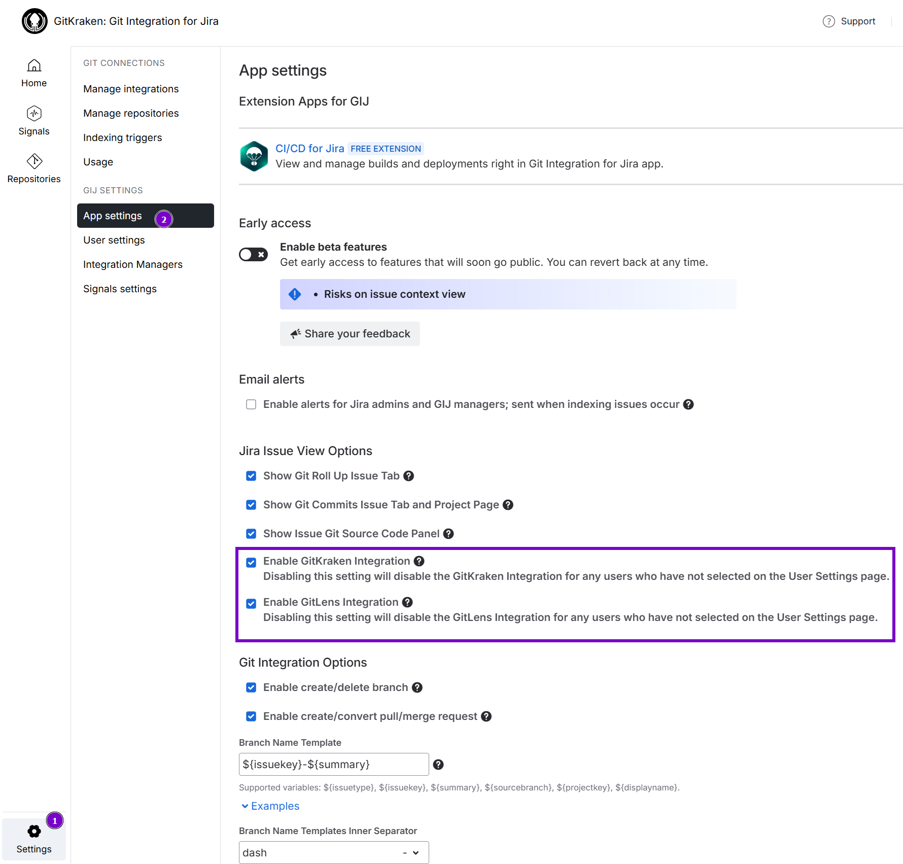 Access the GitKraken integration option to enable/disable the feature in the General settings of the Git Integration for Jira app