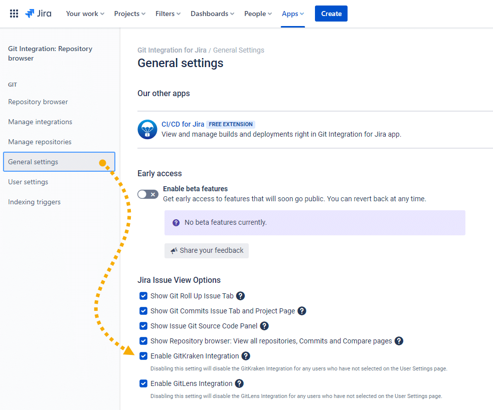 Access the GitKraken integration option to enable/disable the feature in the General settings of the Git Integration for Jira app