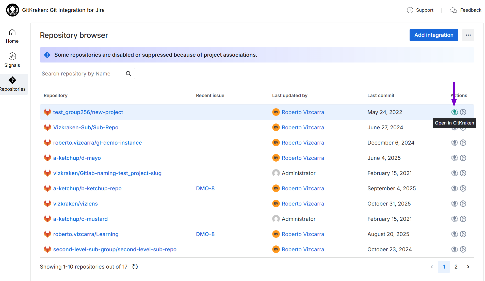 Shows the deeplink for GitKraken in the Repository browser -- Repositories list