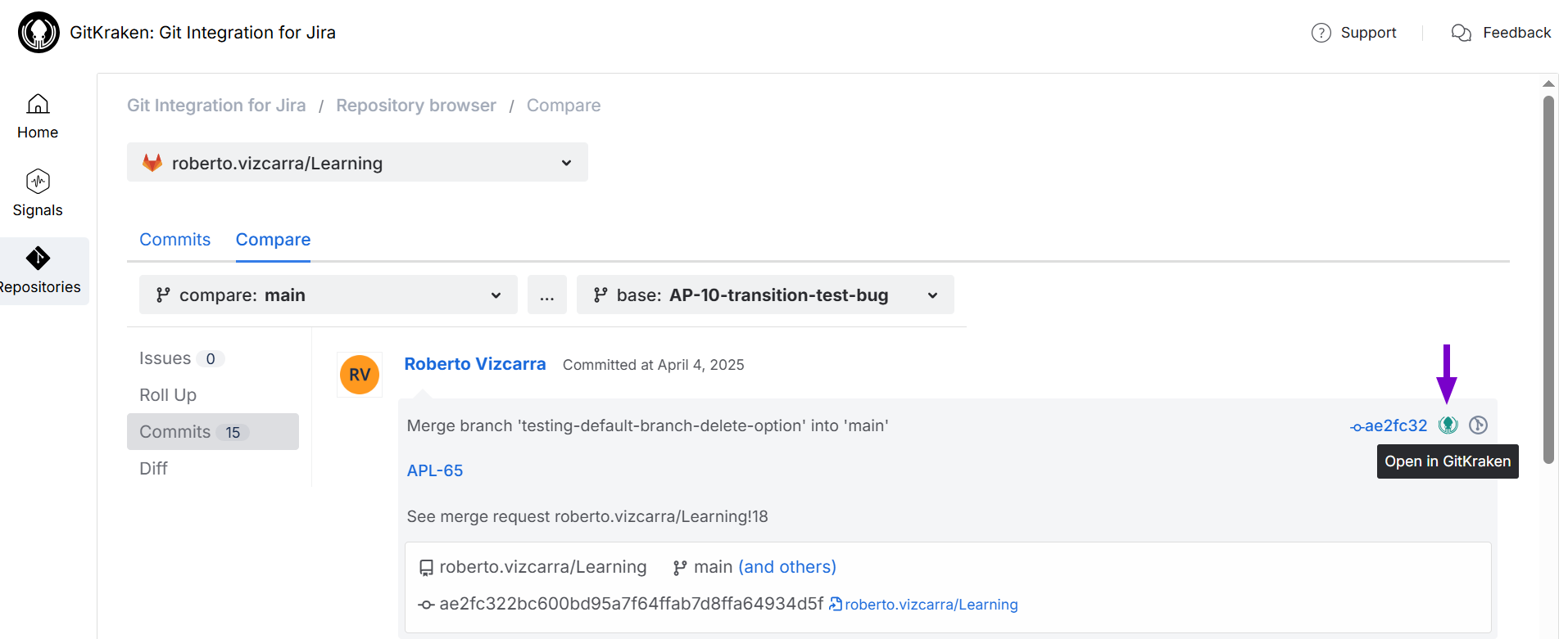 Shows the deeplink for GitKraken in the Repository browser -- Compare page