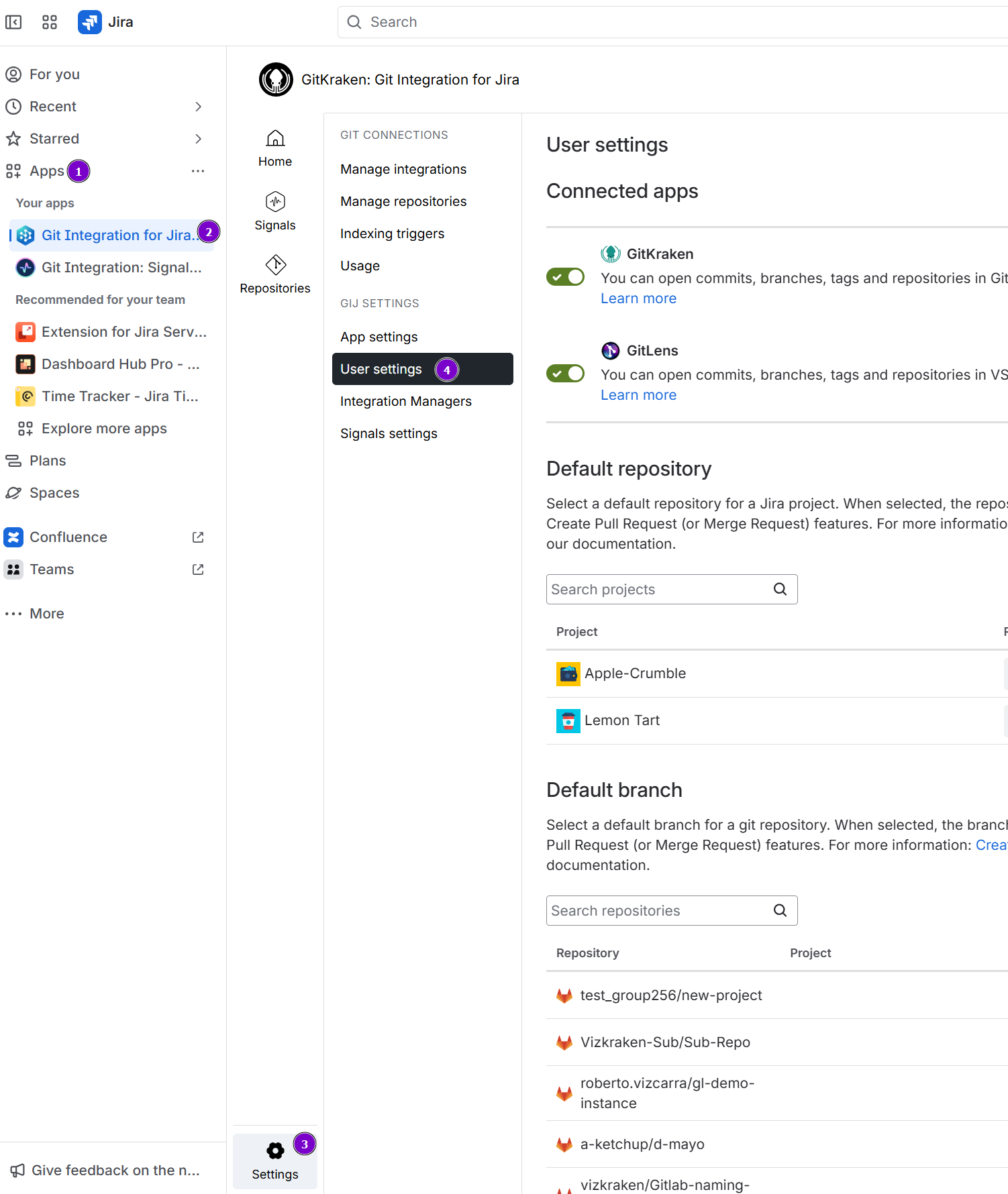 Access the GitKraken integration option to enable/disable the feature in the User settings (sidebar) of the Git Integration for Jira app
