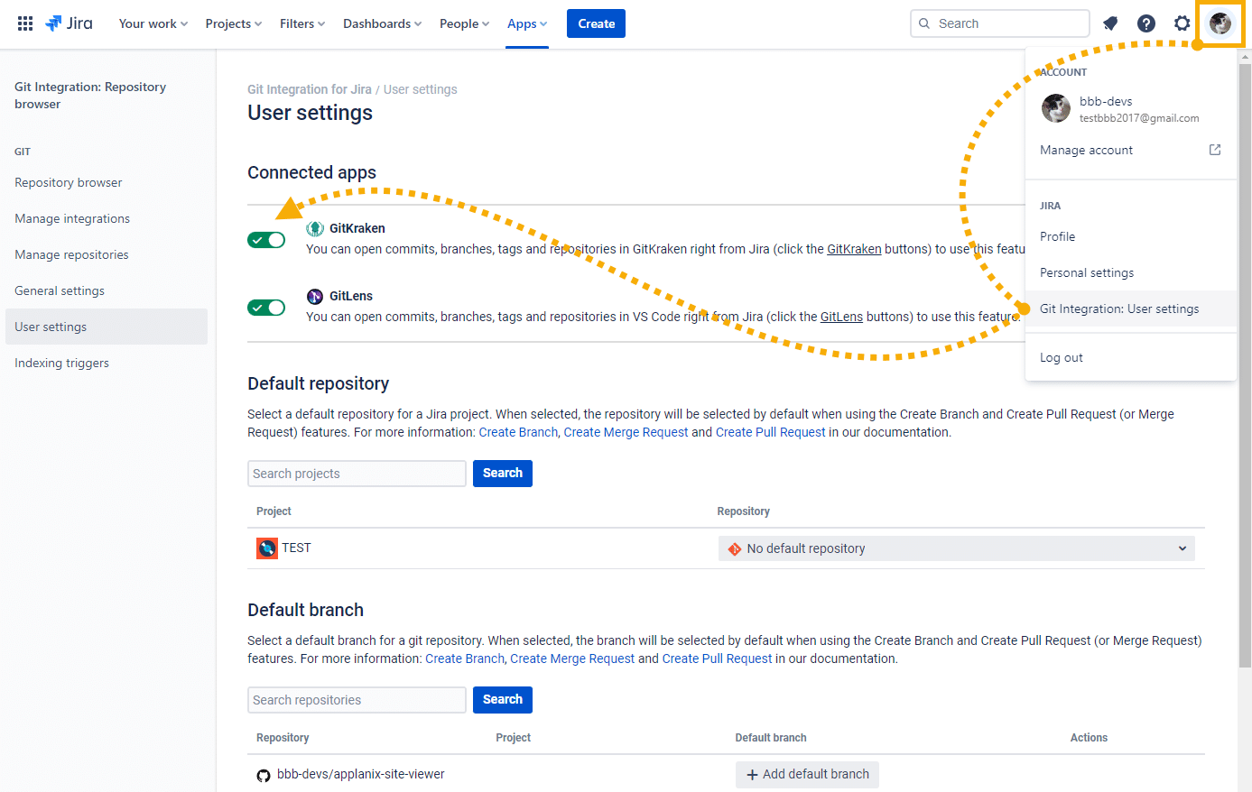 Access the GitKraken integration option to enable/disable the feature in the User settings (sidebar) of the Git Integration for Jira app