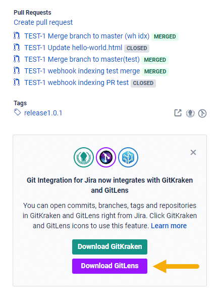 Use the deeplinking panel on the Jira issue Git development sidebar to download the GitLens extension