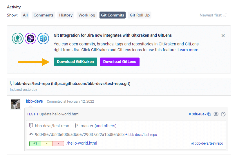 Use the deeplinking panel on the Jira issue Git Commits tab to download the GitLens extension