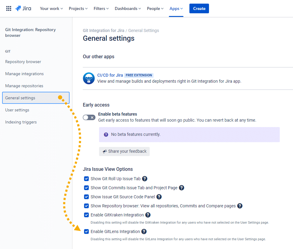 Access the GitLens integration option to enable/disable the feature in the General settings of the Git Integration for Jira app