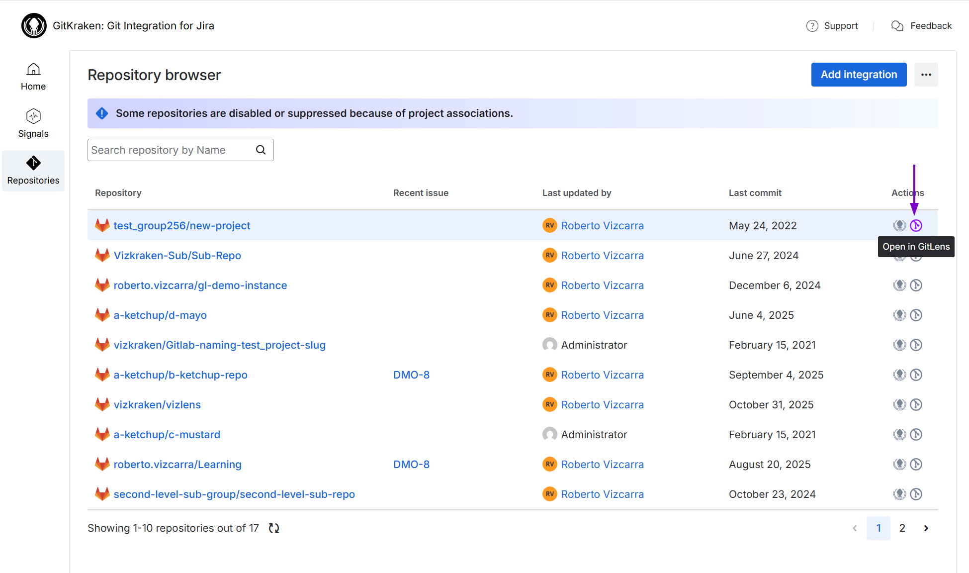 Shows the deeplink for GitLens in the Repository browser -- Repositories list