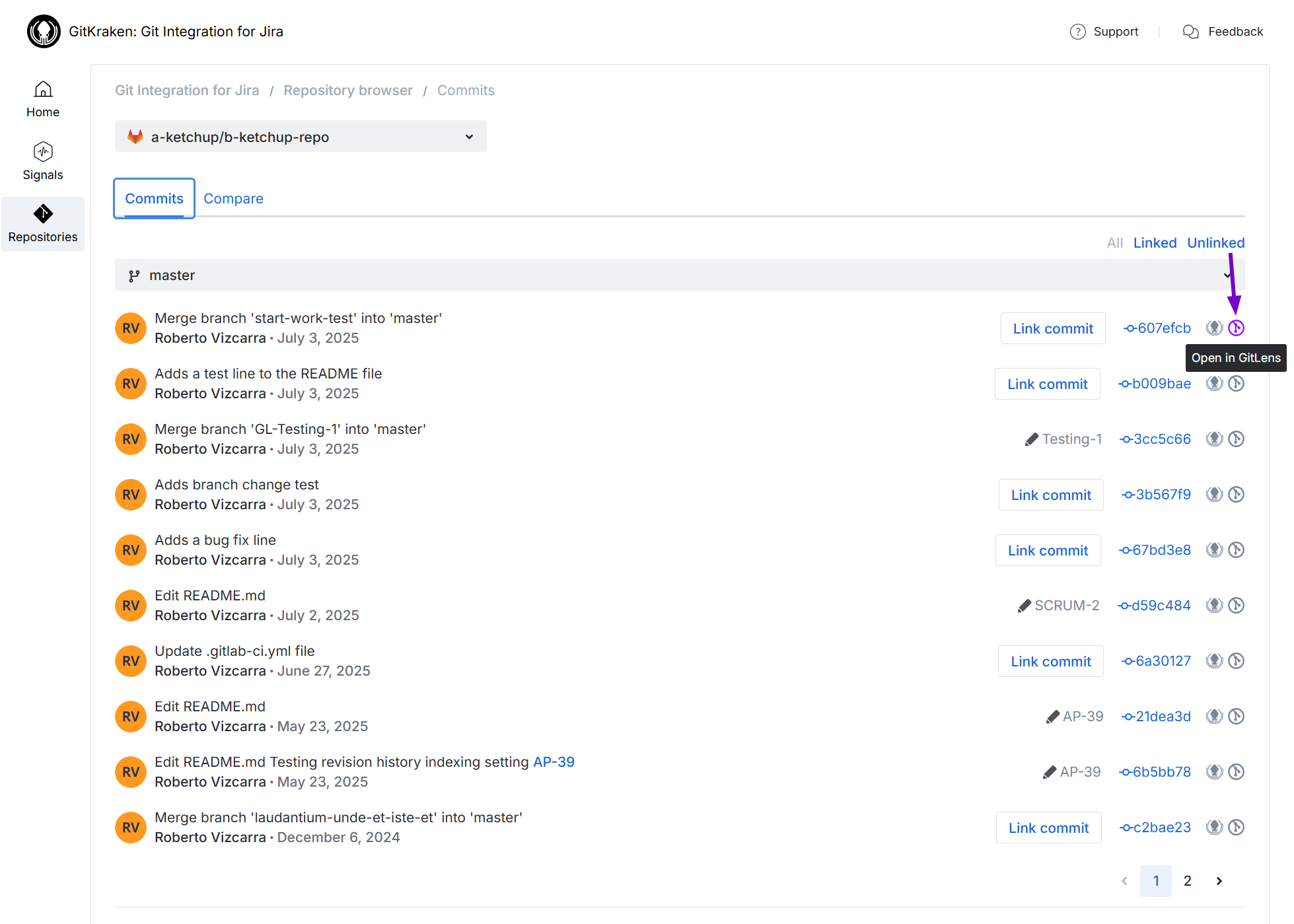 Shows the deeplink for GitLens in the Repository browser -- Commits page