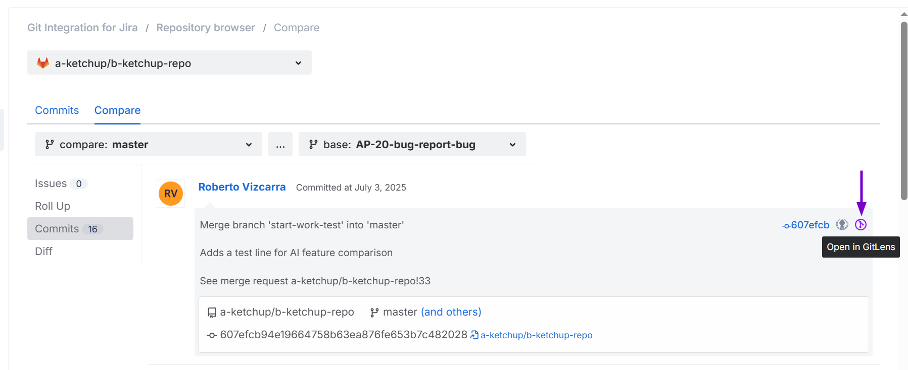 Shows the deeplink for GitLens in the Repository browser -- Compare page