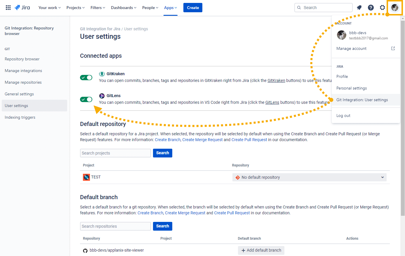 Access the GitLens integration option to enable/disable the feature in the User settings (sidebar) of the Git Integration for Jira app