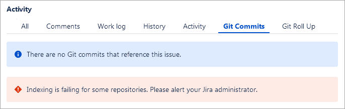 Git commits tab in Jira issue showing indexing error messages