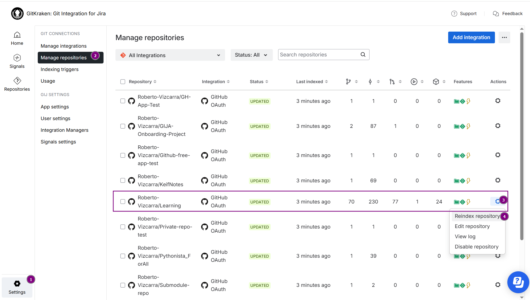 Git Cloud manage git repositories page highlighting Reindex repository action