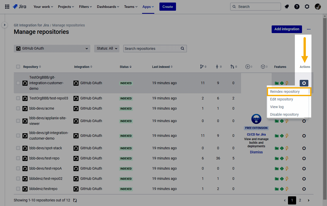 Git Cloud manage git repositories page highlighting Reindex repository action