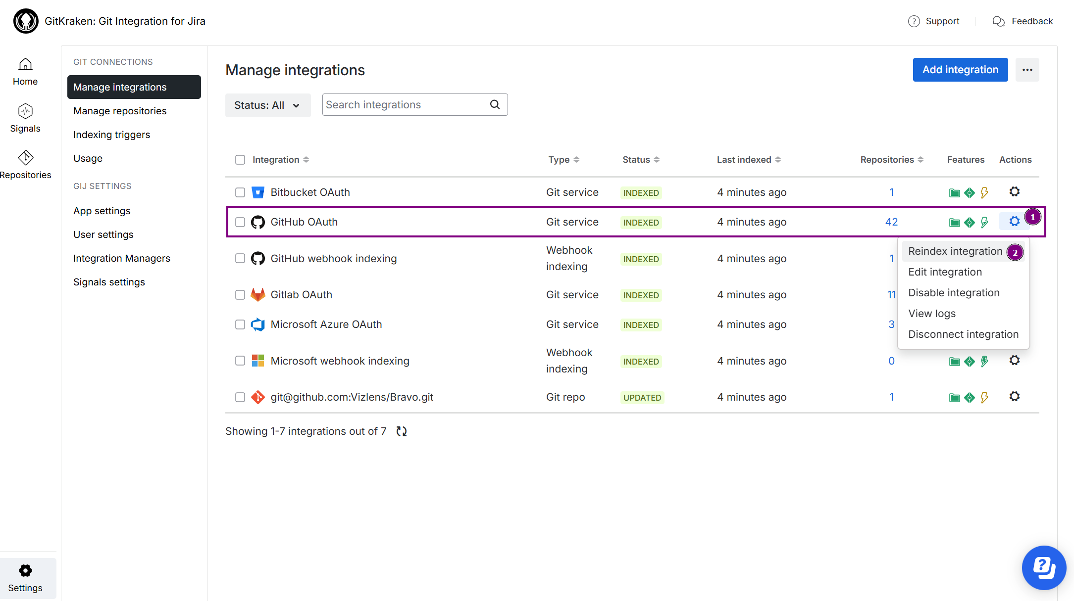 Git Cloud manage git repositories page highlighting Reindex integration action