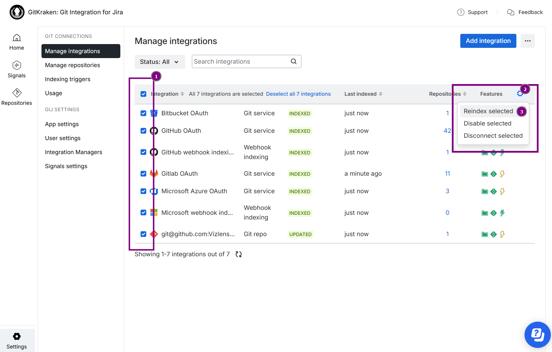 Git Cloud manage git repositories page highlighting Reindex All