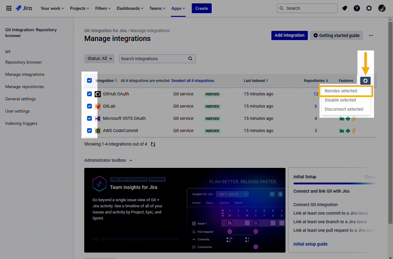 Git Cloud manage git repositories page highlighting Reindex All