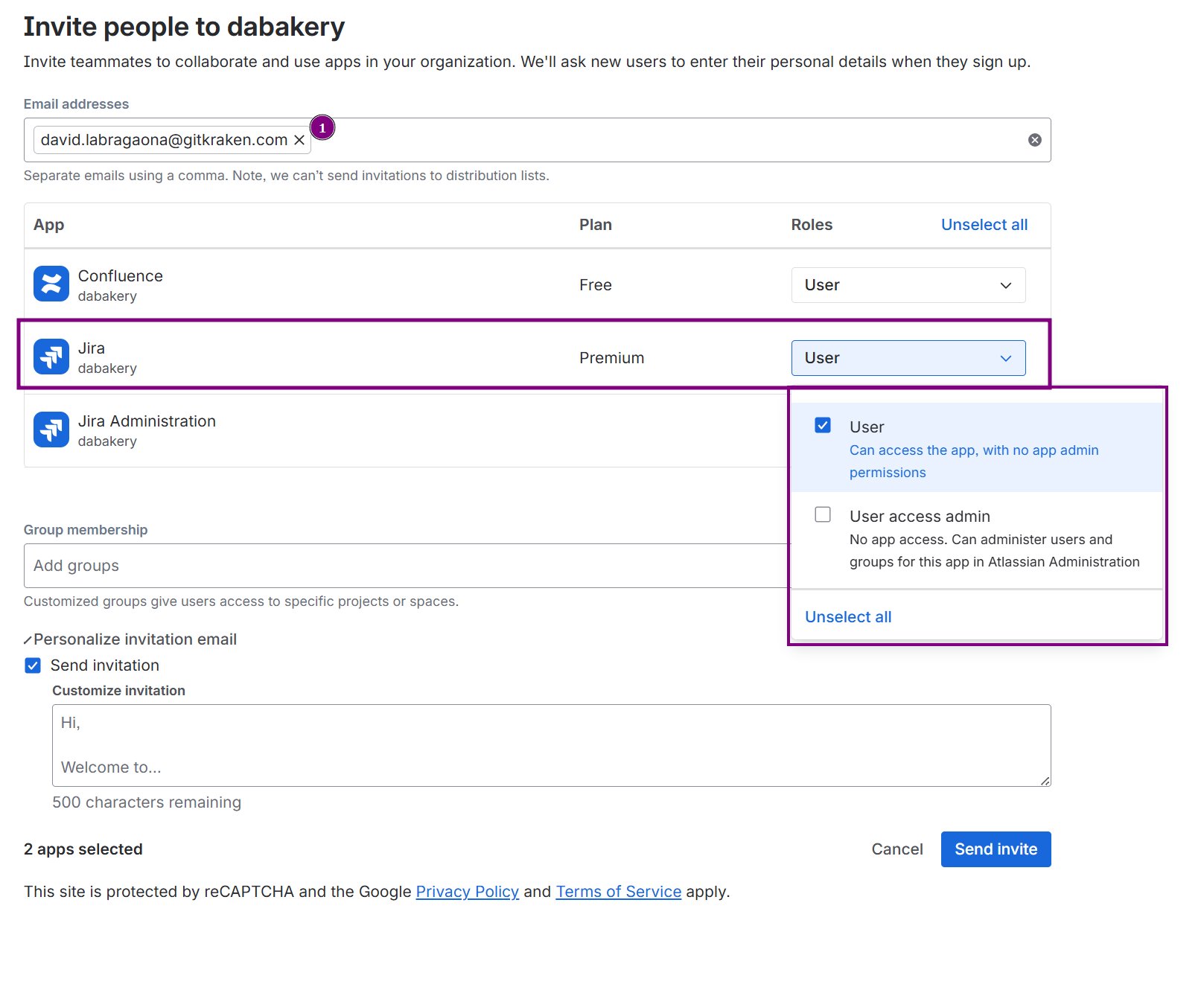Invite users screen selecting the Trusted role