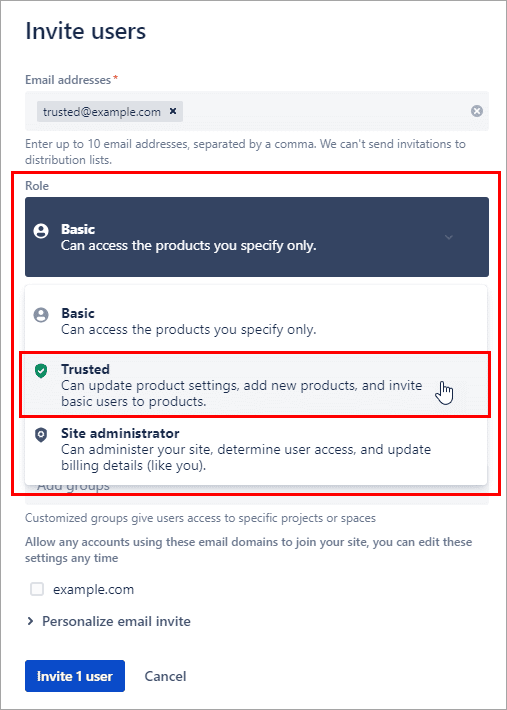 Invite users screen selecting the Trusted role