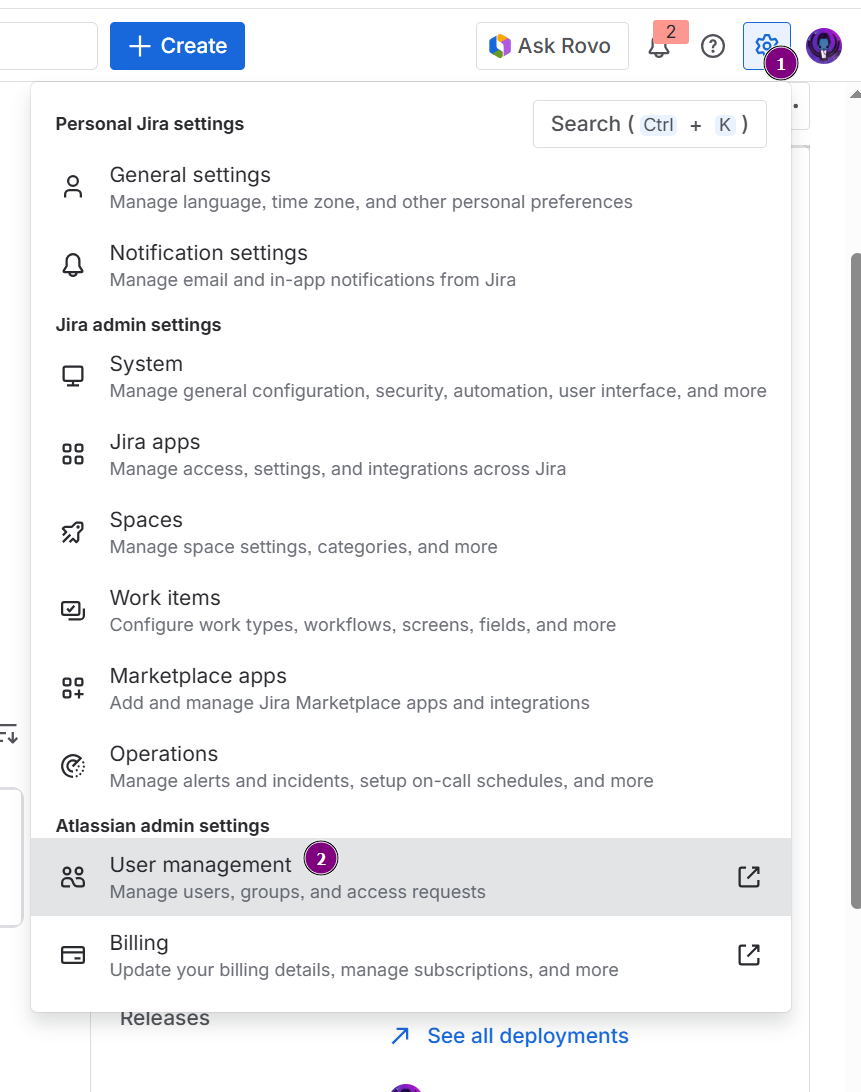 Jira Cloud menu Administration accessing User Management