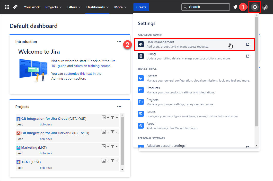 Jira Cloud menu Administration accessing User Management