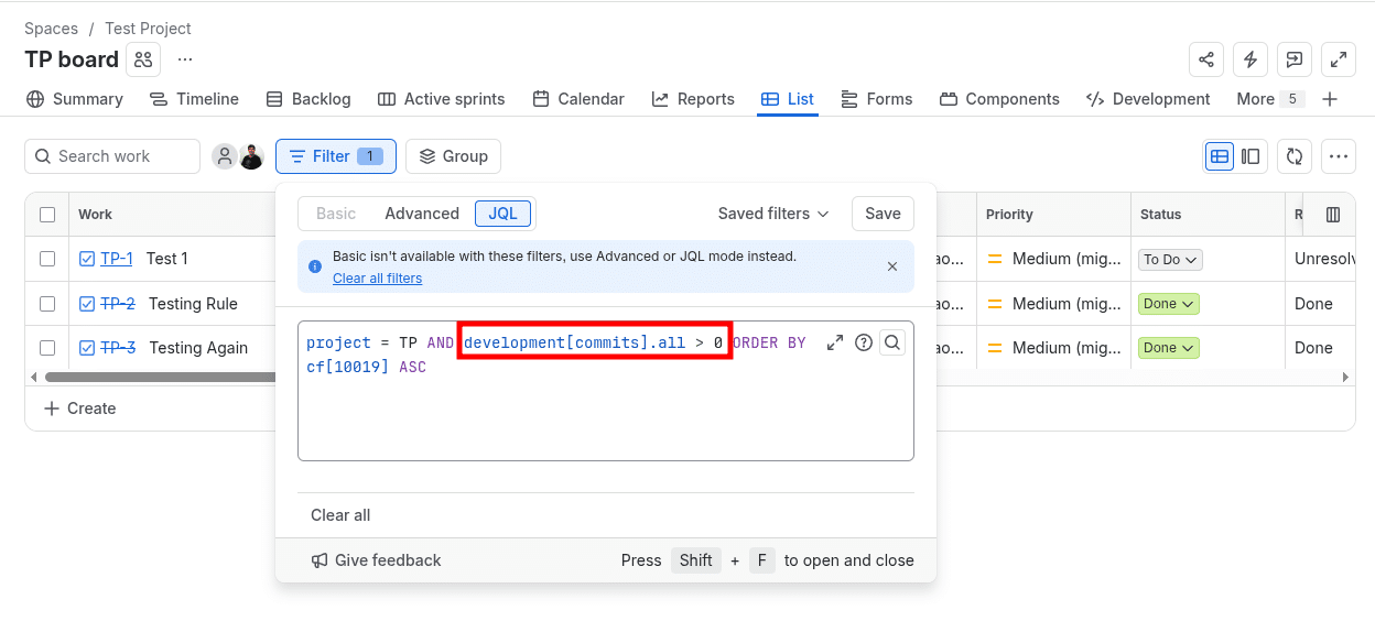 JQL to find issues with at least one commit