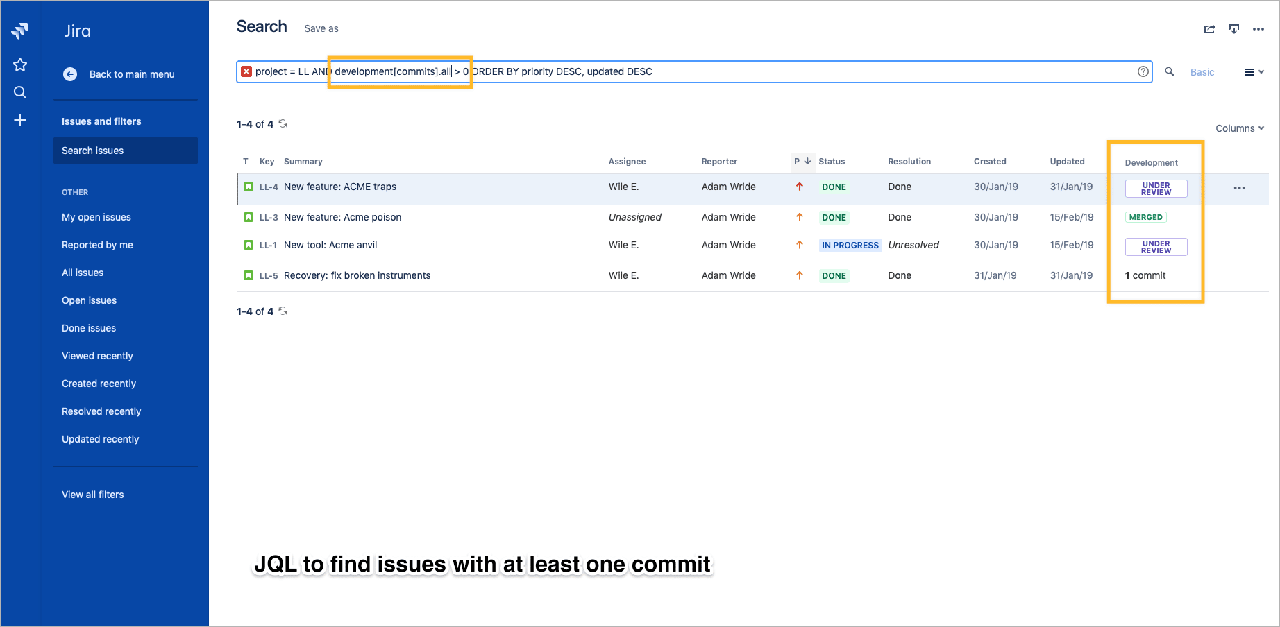 JQL to find issues with at least one commit