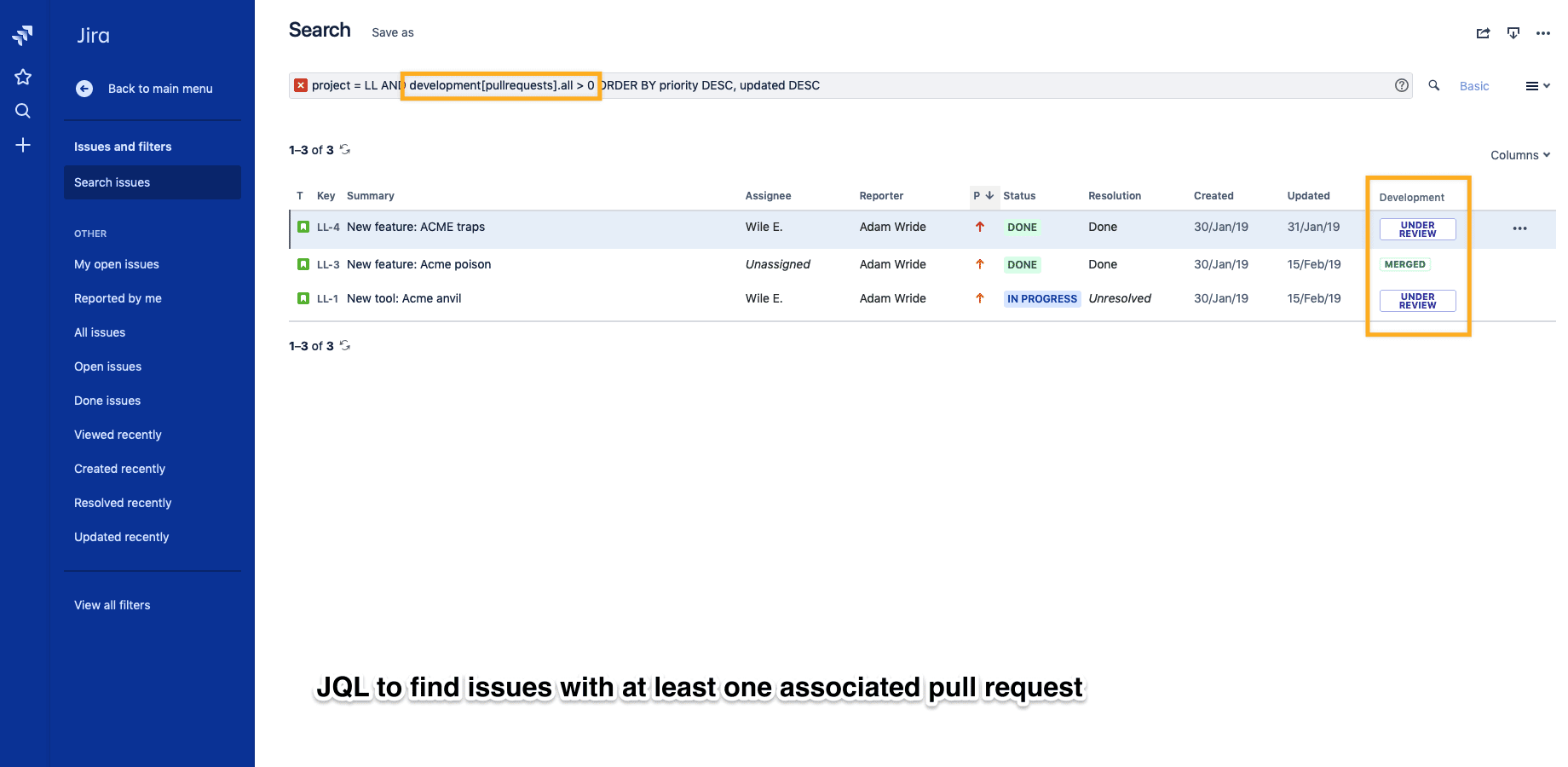 JQL to find issues with at least pull request