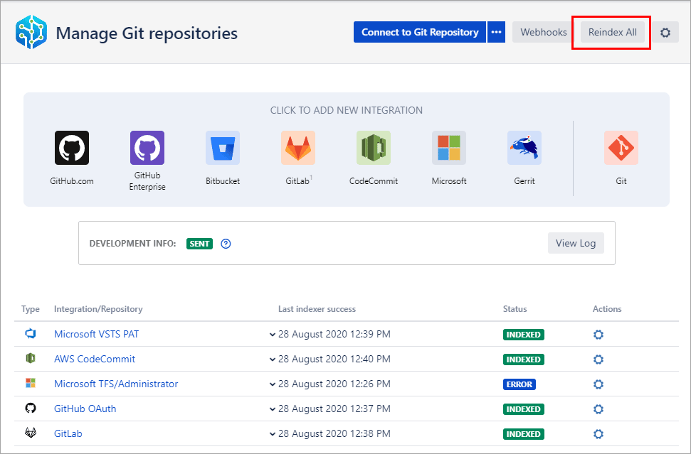 Git Cloud manage git repositories page highlighting Reindex All