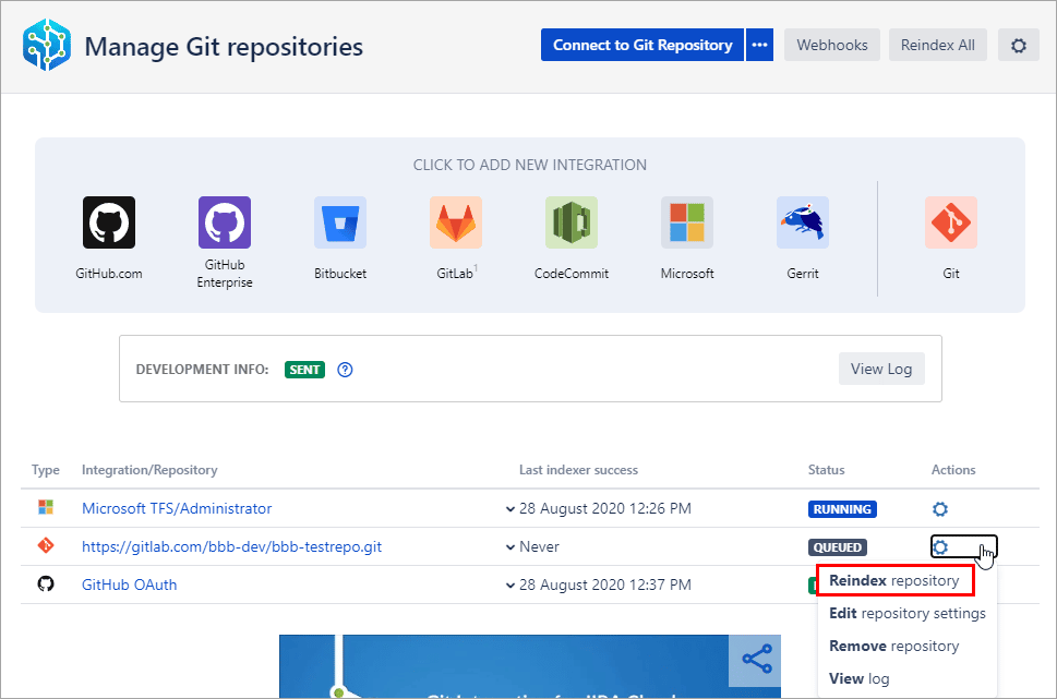 Git Cloud manage git repositories page highlighting Reindex repository action
