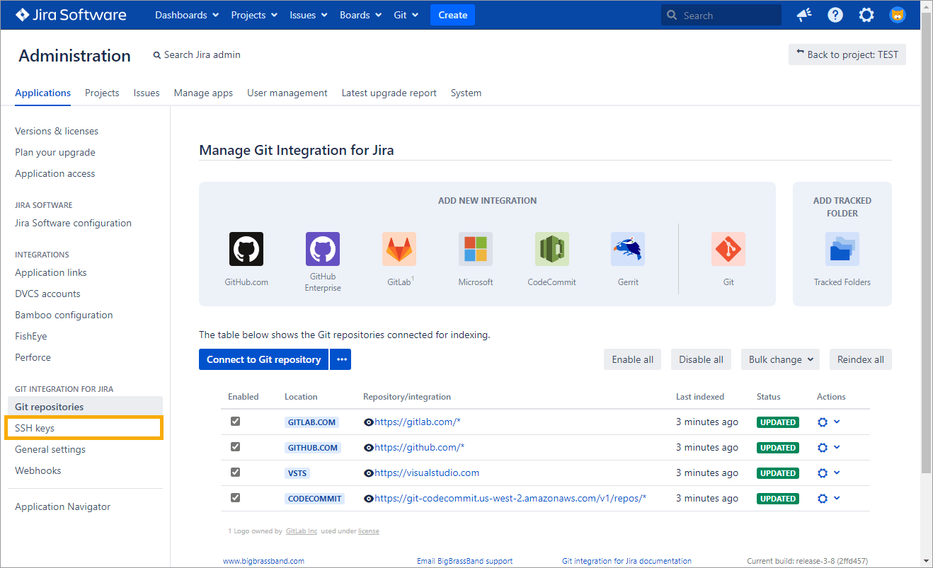 Manage git integration for jira highlighting sidebar SSH keys menu item