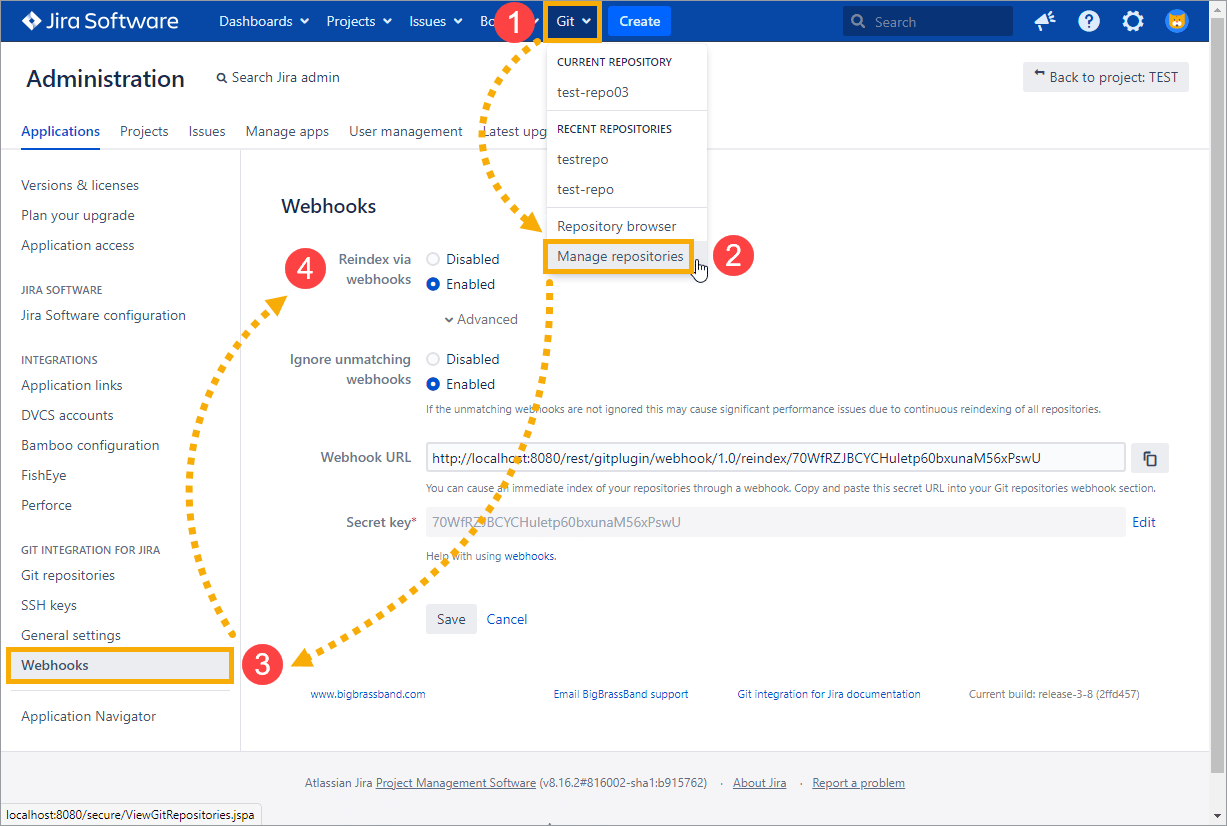 Shows how to access the Webhooks page via Git menu then Manage repositories then on the sidebar click on Webhooks tab then click on Disabled radio button