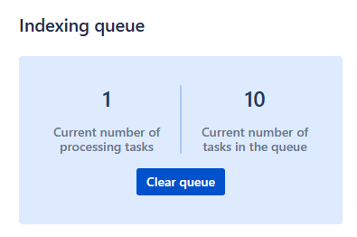 Shows the Indexing queue viewer dashboard panel with the Clear queue button