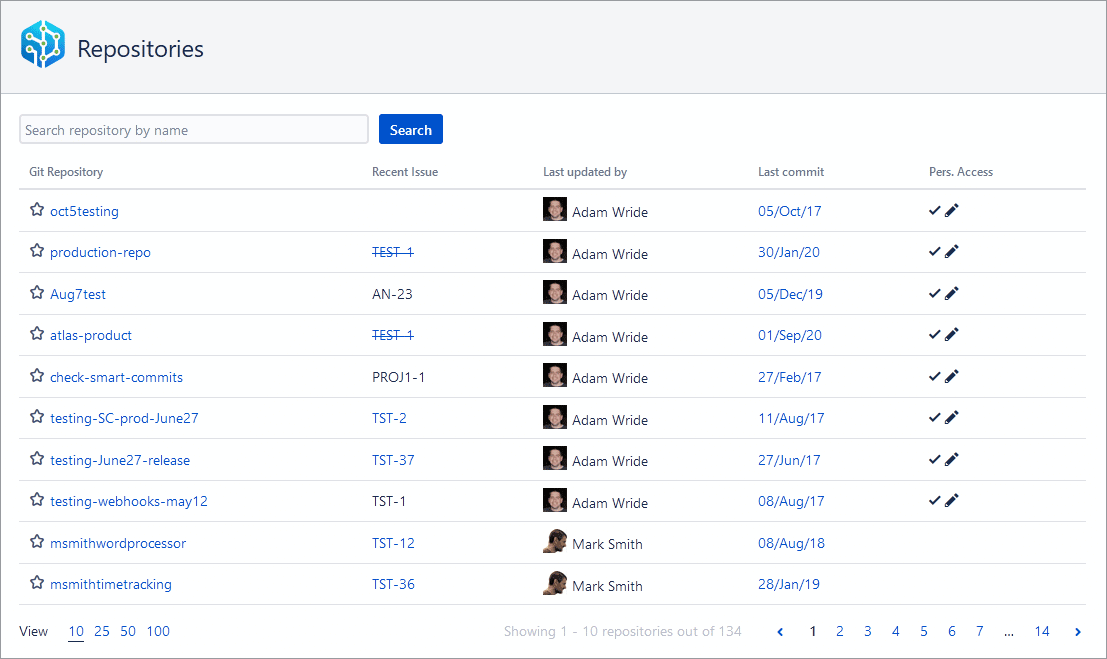 Repository browser screen showing list of connected repositories, recent issue, last updated by, last commit and personal access (if require PAT setting is enabled).