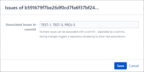 This is the commit association dialog where you can manually map or associate a commit to a Jira issue. The setting shows multiple Jira issue key associations.