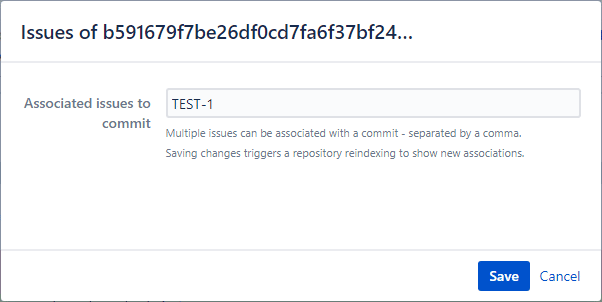 This is the commit association dialog where you can manually map or associate a commit to a Jira issue. The setting shows one Jira issue key association.