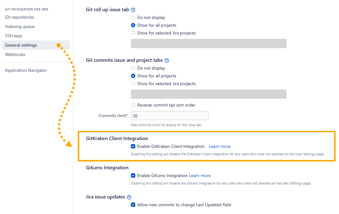 Access the GitKraken integration option to enable/disable the feature in the General settings of the Git Integration for Jira app