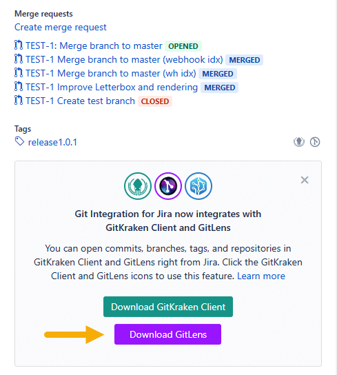 Use the deeplinking panel on the Jira issue Git development sidebar to download the GitKraken Git client app