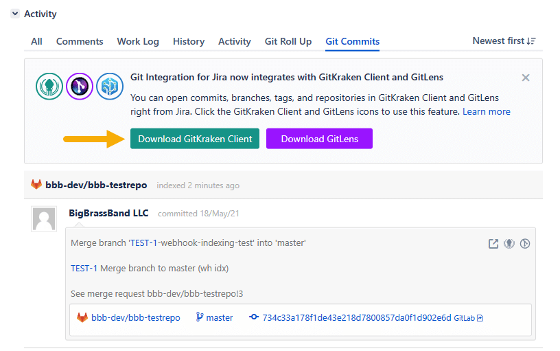 Use the deeplinking panel on the Jira issue Git Commits tab to download the GitKraken Git client app