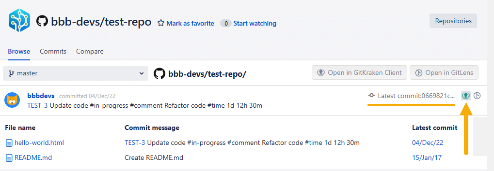 Shows the deeplink for GitKraken in the Repository browser (Browse page)-- latest commit label link