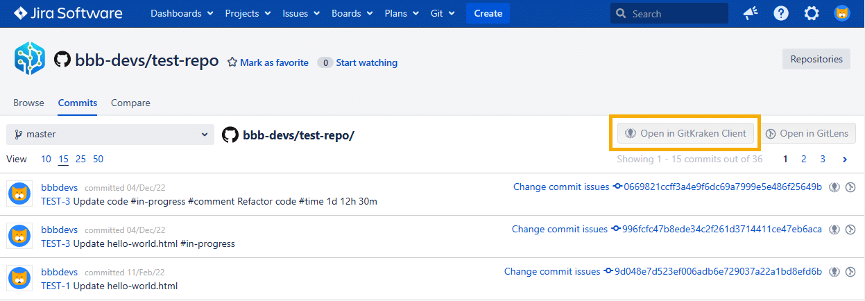 Access the Open into GitKraken button in the Repository browser -- Commits tab