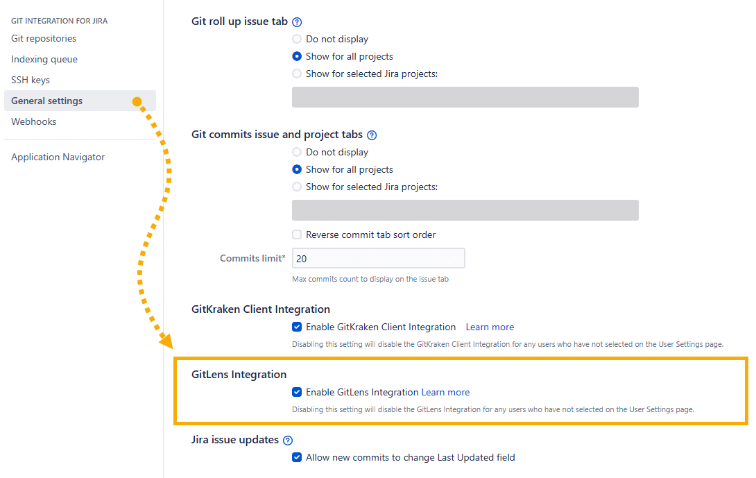 Access the GitLens integration option to enable/disable the feature in the General settings of the Git Integration for Jira app