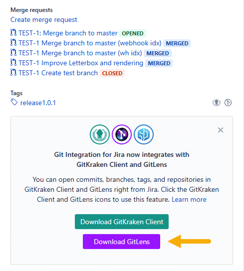 Use the deeplinking panel on the Jira issue Git development sidebar to download the GitLens extension