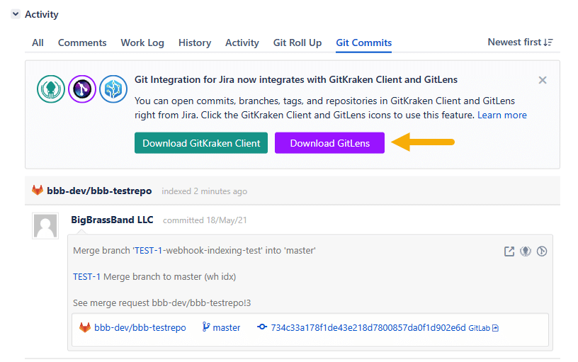 Use the deeplinking panel on the Jira issue Git Commits tab to download the GitLens extension