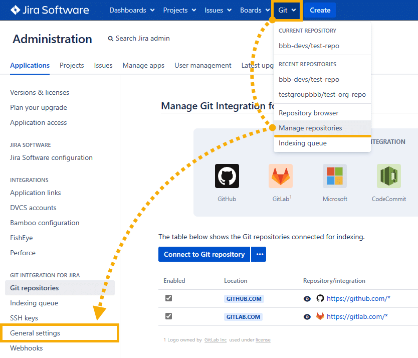 Shows how to access the General settings page -- Git menu then Manage repositories then click General settings on the sidebar