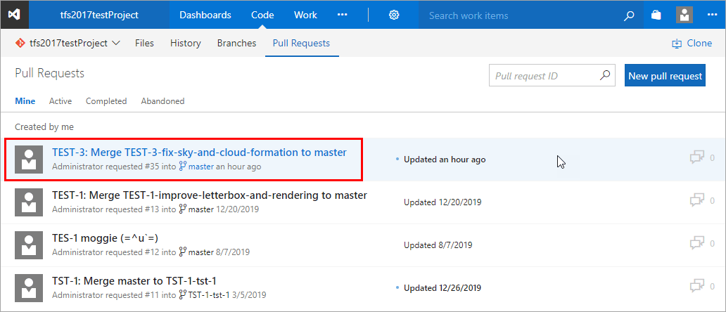 TFS portal showing pull requests items