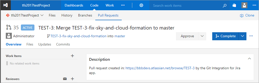 TFS portal showing pull request ready for merge