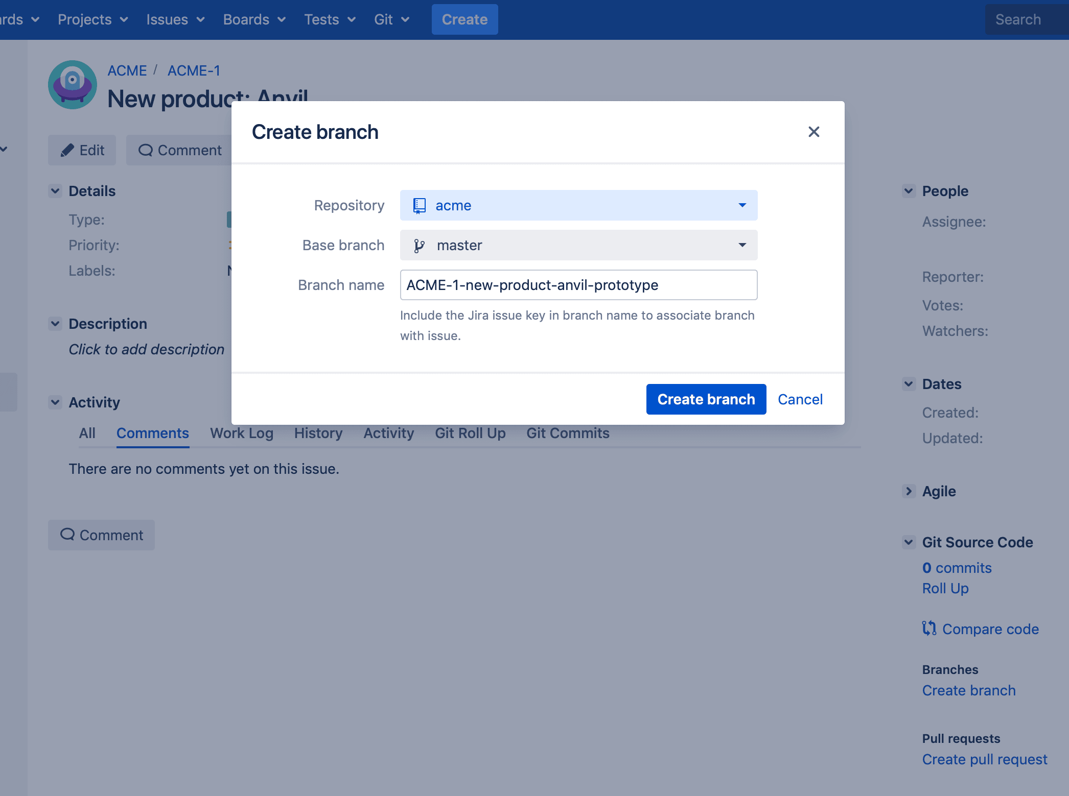Jira issue page showing the Create Branch dialog where you can select a Repository, Base Branch and enter a user-defined Branch name. Create branch to proceed or Cancel to disregard.